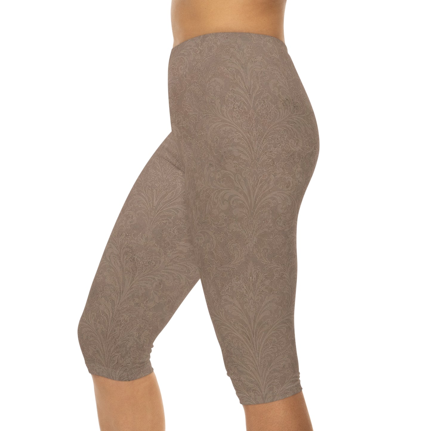 Espresso Yourself Couture Collection : Taupe Paisley Capri Leggings — Women's Printed Comfort Crop Leggings - Collection One - Style One
