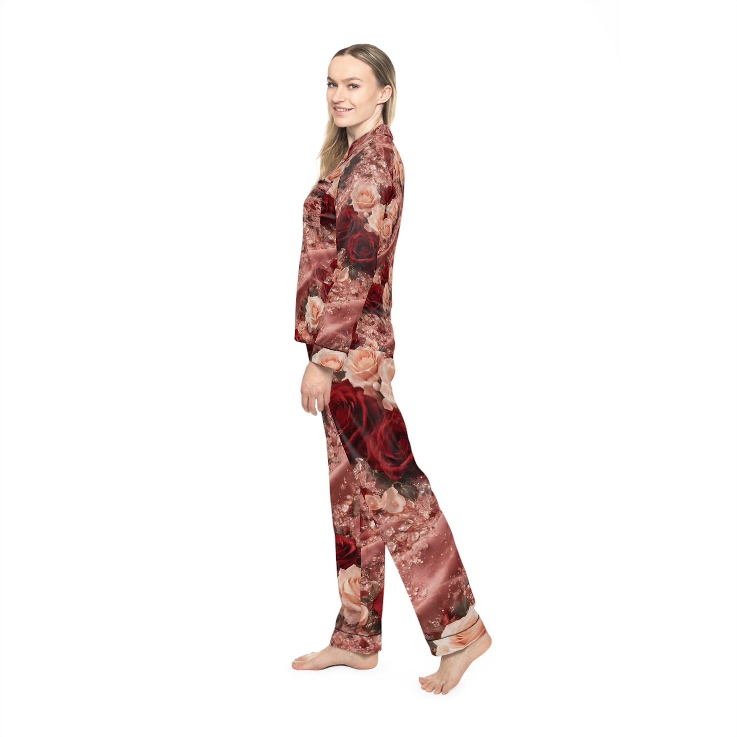 The Velvet Rose Satin Pajamas Set — Rose Bouquet All-Over Print