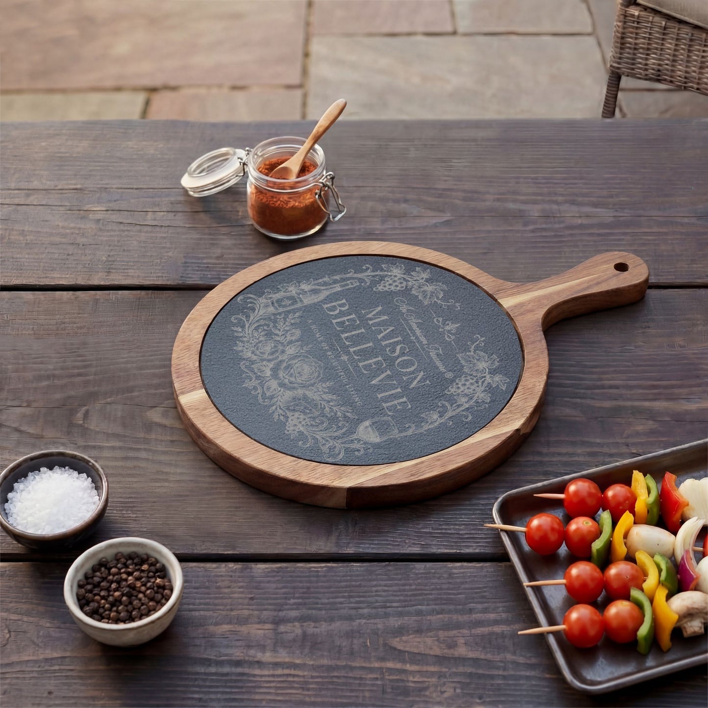 Maison Bellevie Engraved Acacia Charcuterie Board with Slate Inlay & Cheese Knives