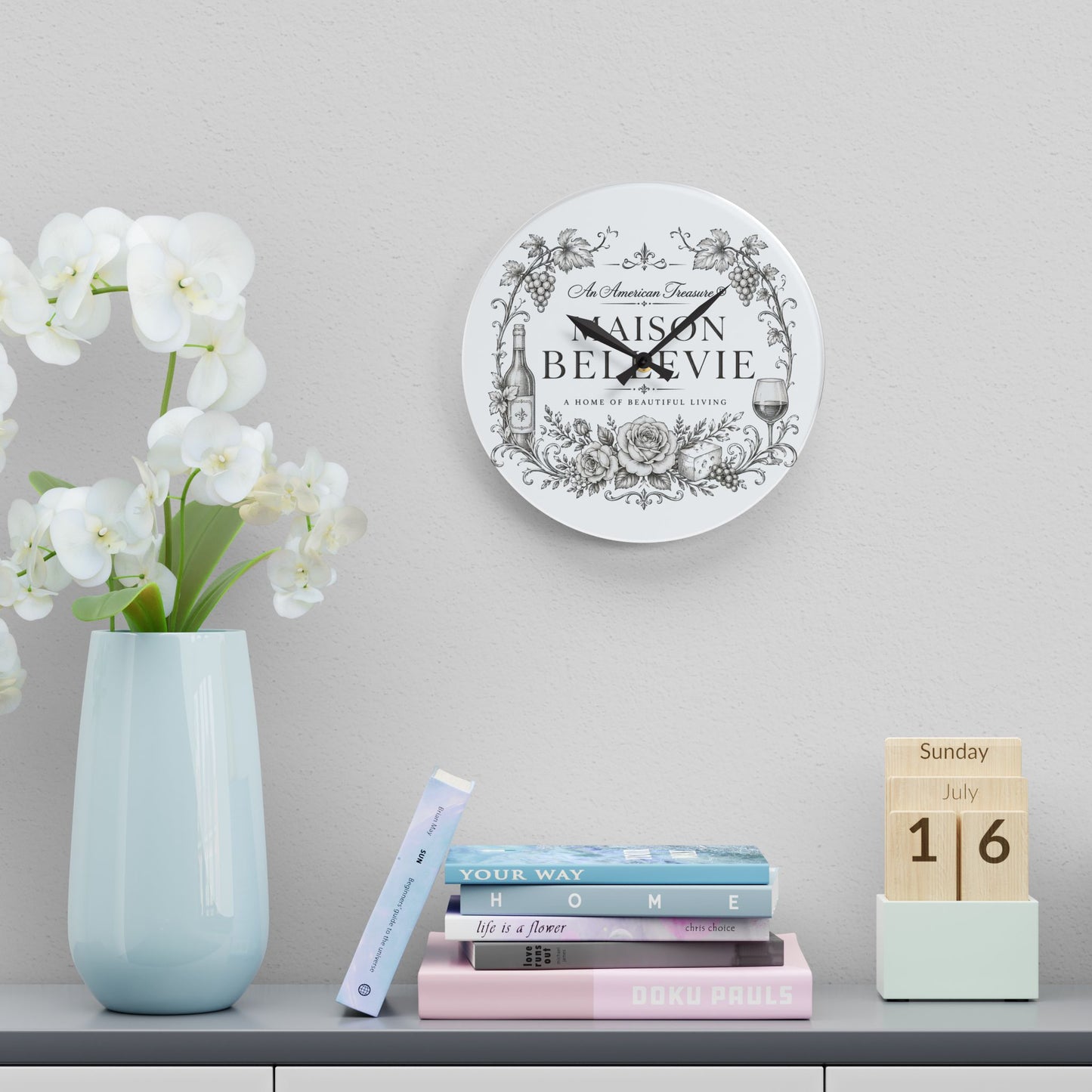 Acrylic Wall Clock — Maison Bellevie Vintage Floral Wine Kitchen Clock