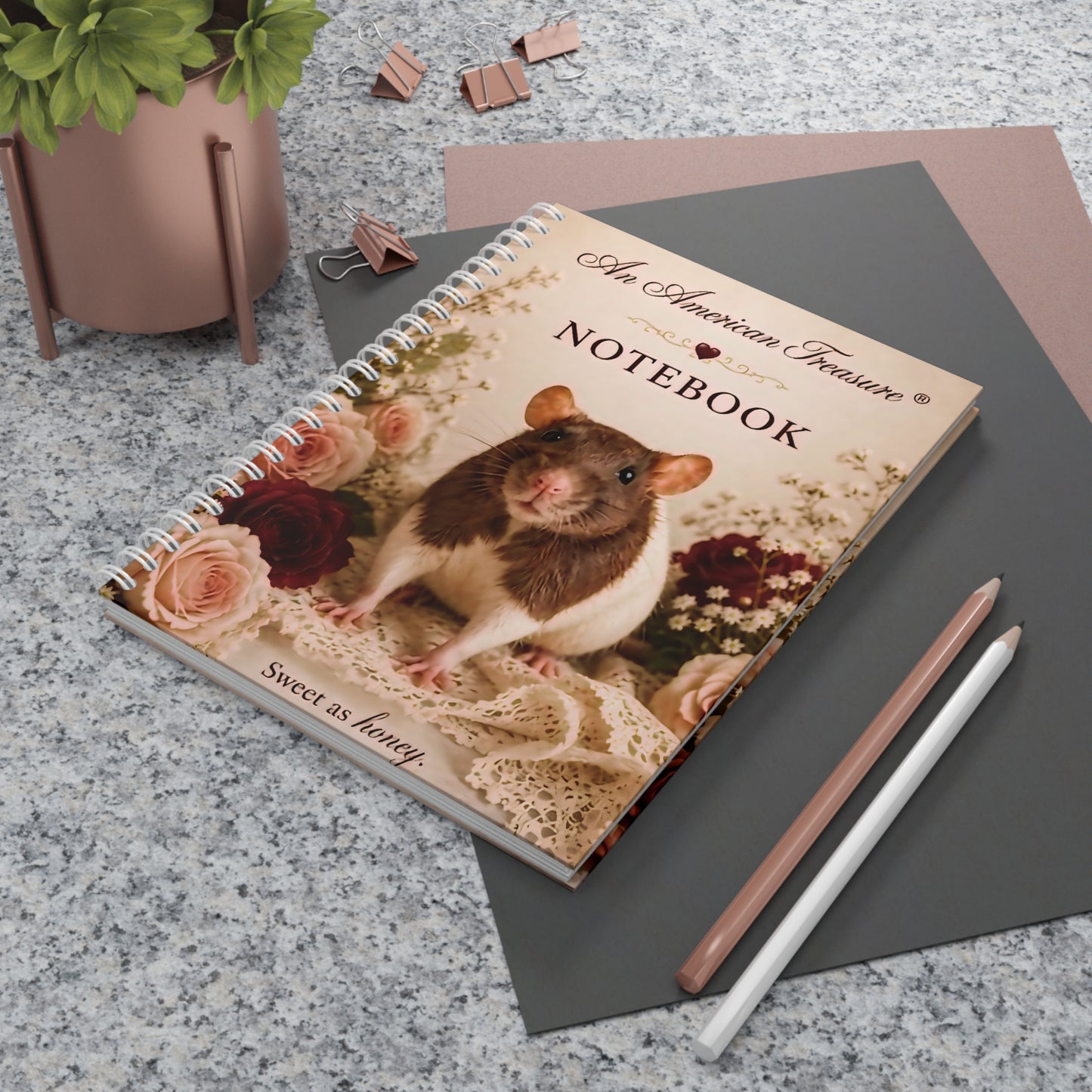 RattaCutie Couture Limited Edition Spiral Notebook — Vintage Floral Notebook “An American Treasure” (Sweet as Honey)