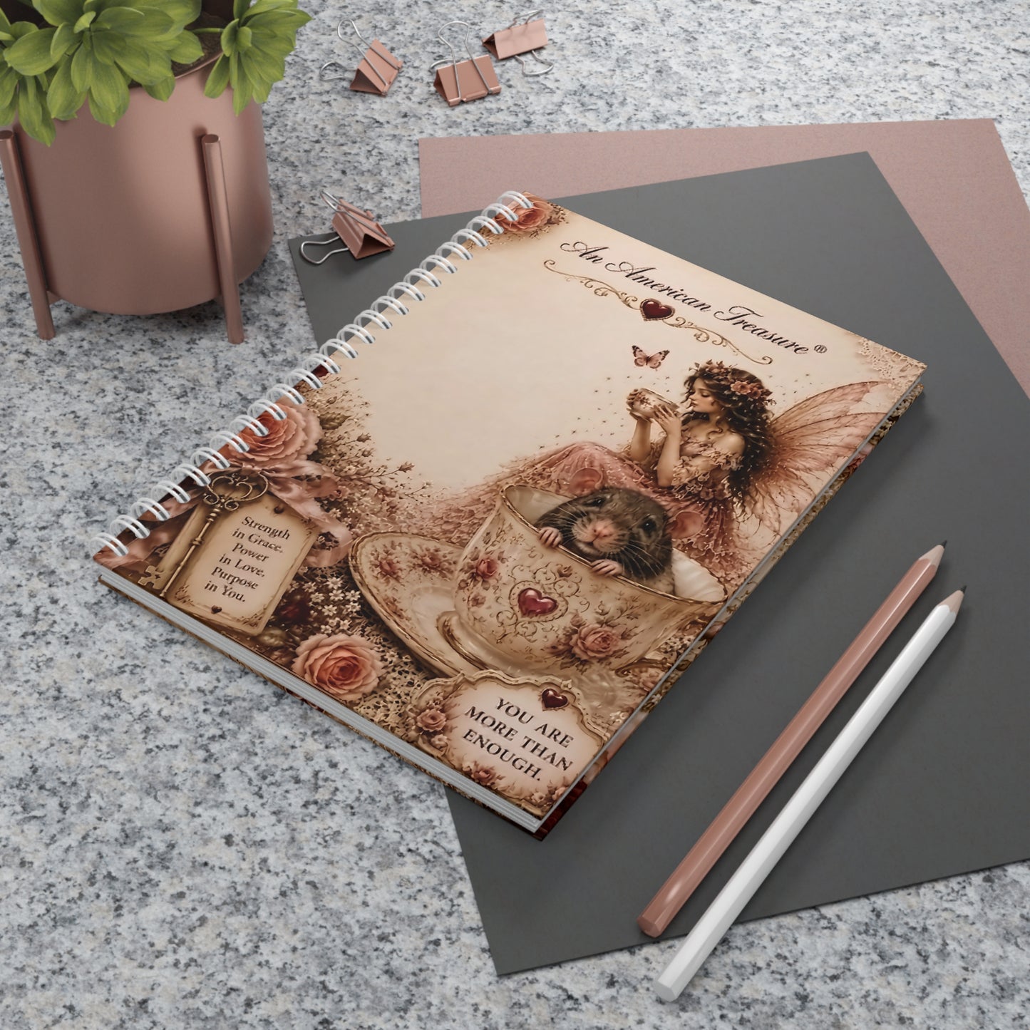 RattaCutie Couture Limited Edition Spiral Notebook — Vintage Fairy Tea Cup Journal with 'An American Treasure' Design
