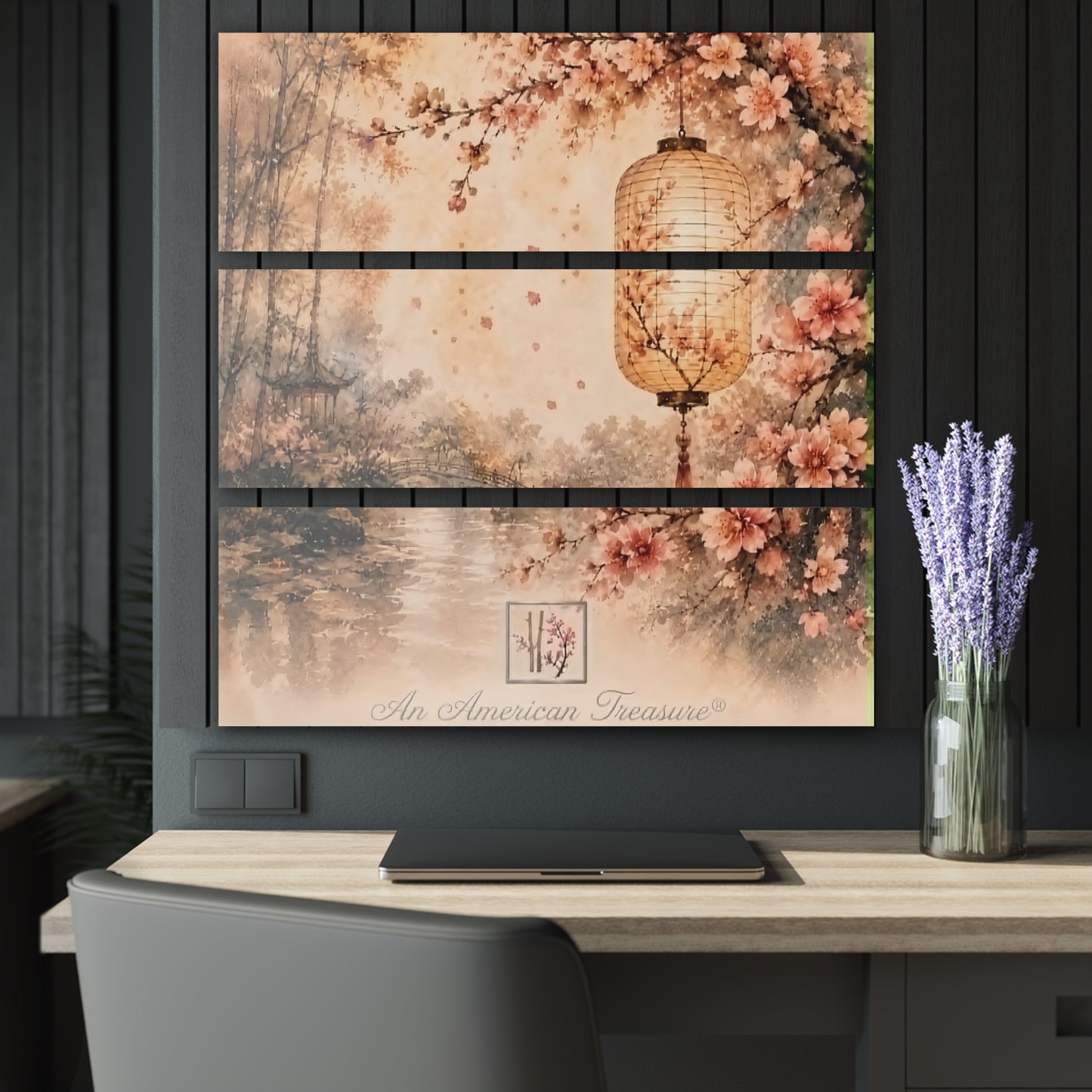 Bamboo & Blossom Collection : Cherry Blossom Lantern Triptych Acrylic Wall Art