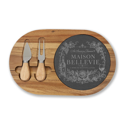 Maison Bellevie Engraved Acacia Charcuterie Board with Slate Inlay & Cheese Knives