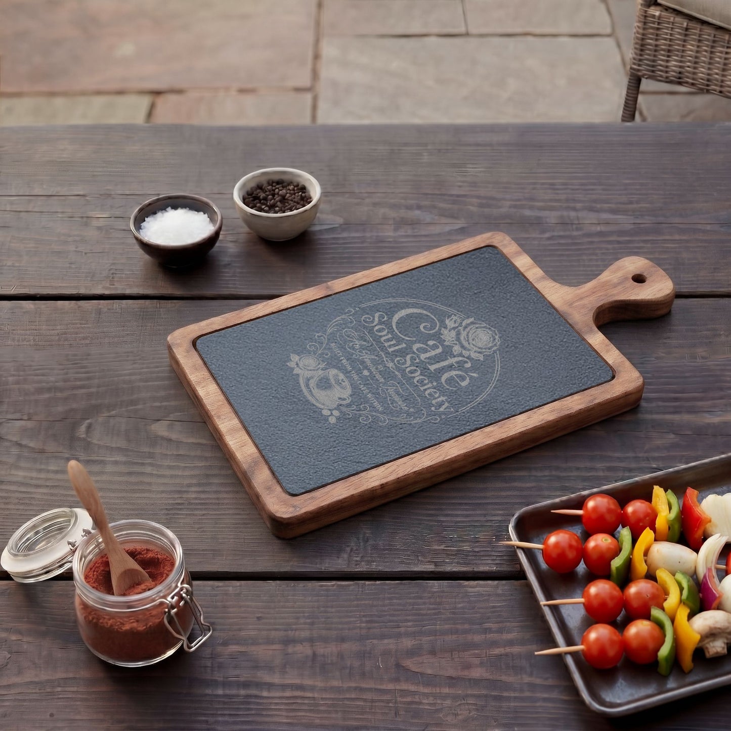 Cafe Soul Society Engraved Bamboo Charcuterie Board with Cheese Tools – 'Café Soul Society' Slate Inlay