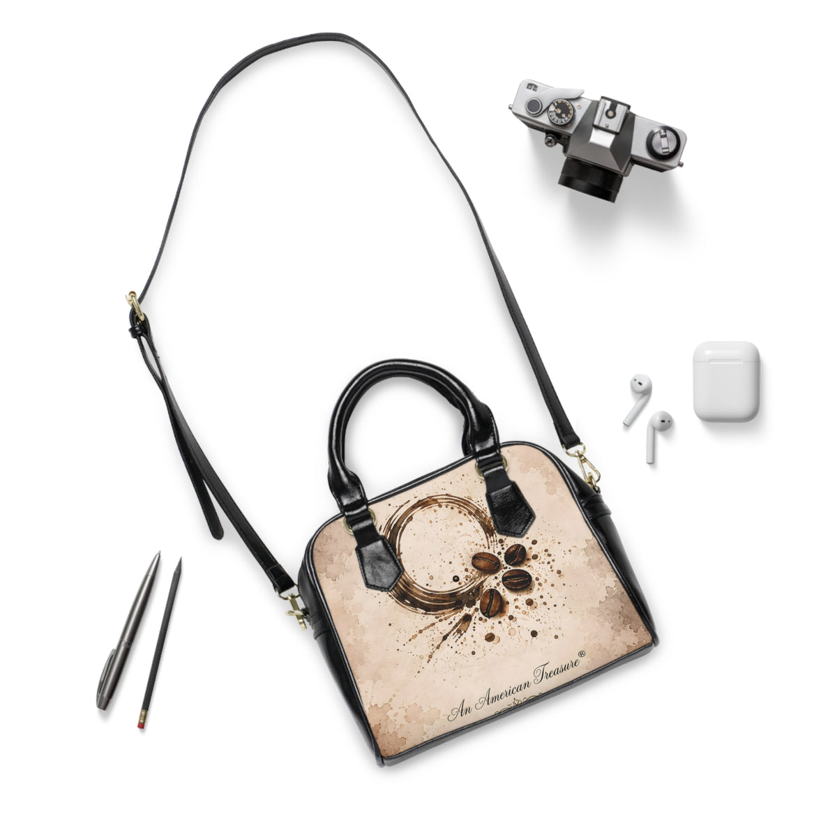 Espresso Yourself Couture Collection : Coffee Art Shoulder Handbag – Vintage Coffee Ring & Beans Print - Collection One  - Style Two
