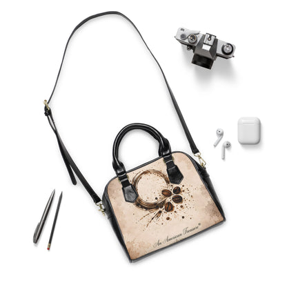 Espresso Yourself Couture Collection : Coffee Art Shoulder Handbag – Vintage Coffee Ring & Beans Print - Collection One  - Style Two