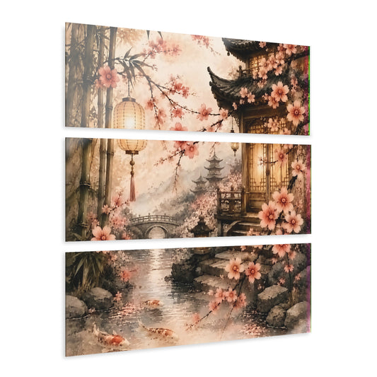 Bamboo & Blossom Triptych Acrylic Wall Art - Asian Garden Cherry Blossom Pagoda Scene