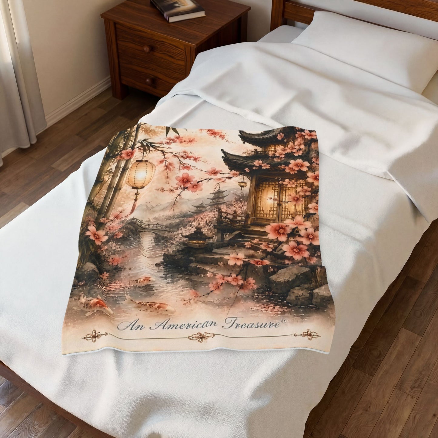 Bamboo & Blossom Velveteen Plush Blanket — Cherry Blossom Lantern Japanese Garden Throw