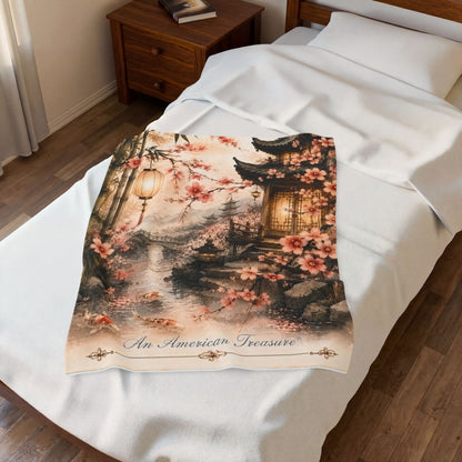 Bamboo & Blossom Velveteen Plush Blanket — Cherry Blossom Lantern Japanese Garden Throw