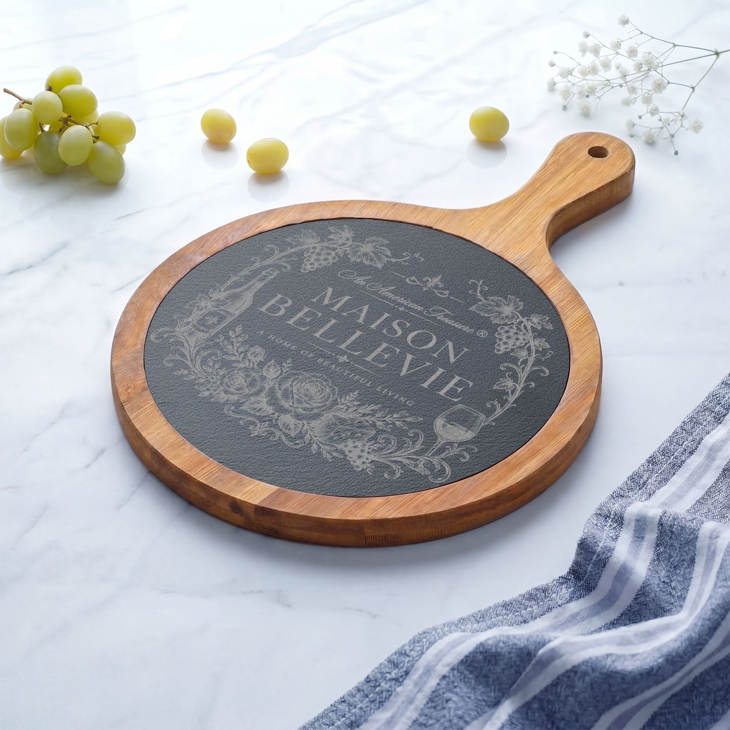 Maison Bellevie Engraved Acacia Charcuterie Board with Slate Inlay & Cheese Knives