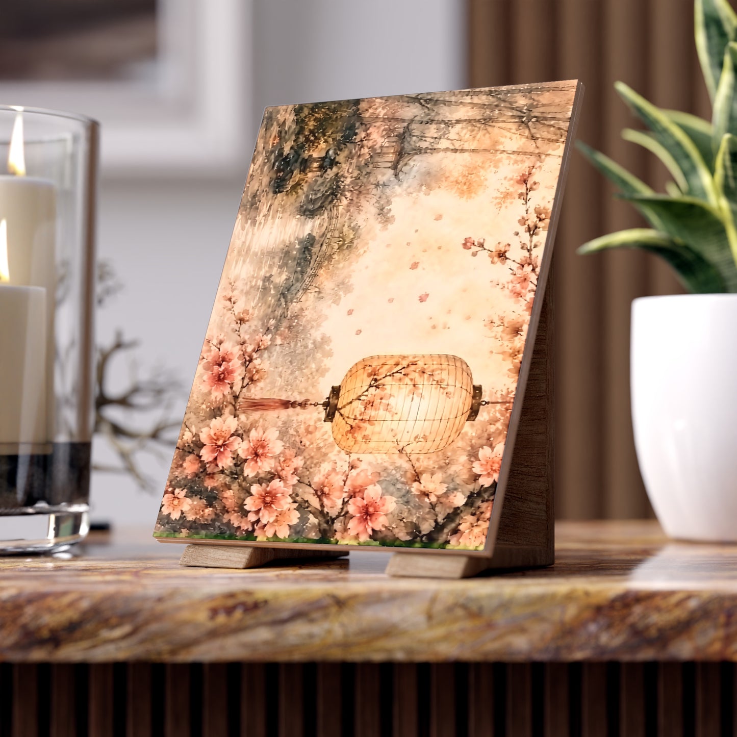 Bamboo & Blossom Collection Ceramic Photo Tile — Vintage Cherry Blossom Lantern Art Tile