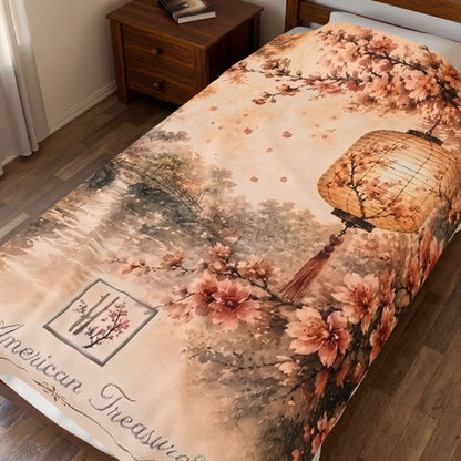 Bamboo & Blossom Velveteen Blanket - Cherry Blossom Lantern Scenic Throw (An American Treasure)