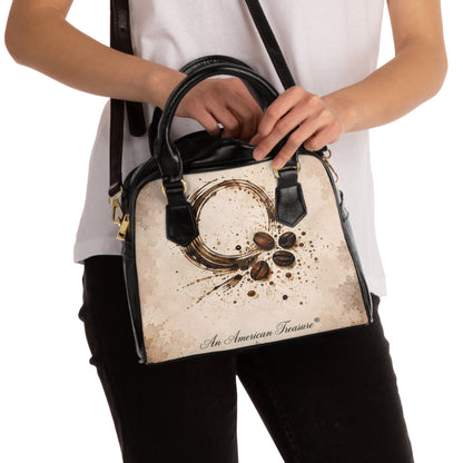 Espresso Yourself Couture Collection : Coffee Art Shoulder Handbag – Vintage Coffee Ring & Beans Print - Collection One  - Style Two