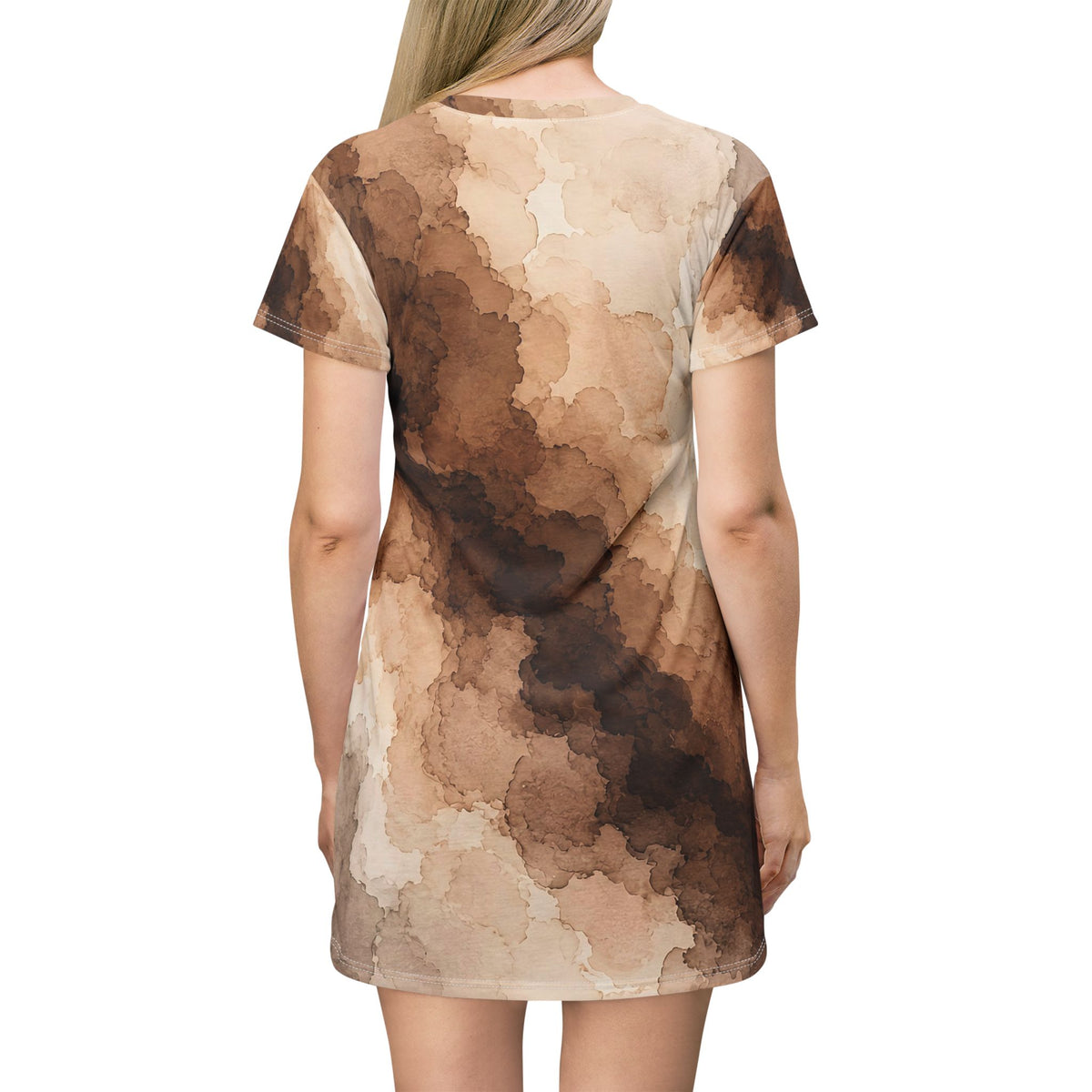 Espresso Yourself Couture Collection : Watercolor Coffee Brown T-Shirt Dress – AOP Abstract Earth-Tone Shift Dress - Collection One  - Style Two
