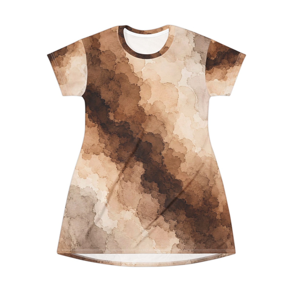 Espresso Yourself Couture Collection : Watercolor Coffee Brown T-Shirt Dress – AOP Abstract Earth-Tone Shift Dress - Collection One  - Style Two