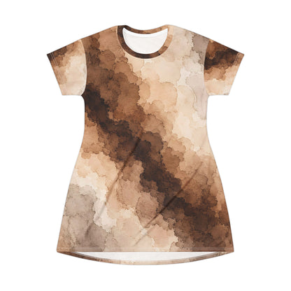 Espresso Yourself Couture Collection : Watercolor Coffee Brown T-Shirt Dress – AOP Abstract Earth-Tone Shift Dress - Collection One  - Style Two