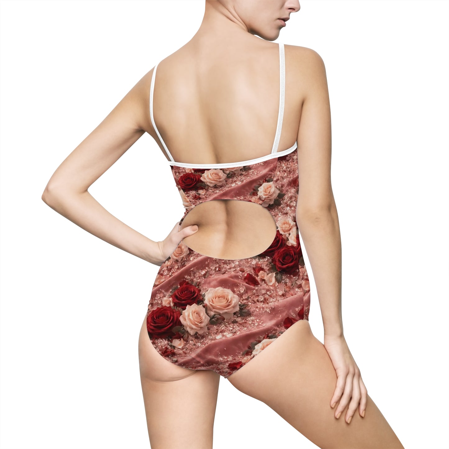The Velvet Rose One-Piece Swimsuit – Vintage Red & Blush Floral Print