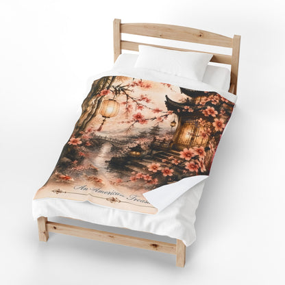 Bamboo & Blossom Velveteen Plush Blanket — Cherry Blossom Lantern Japanese Garden Throw