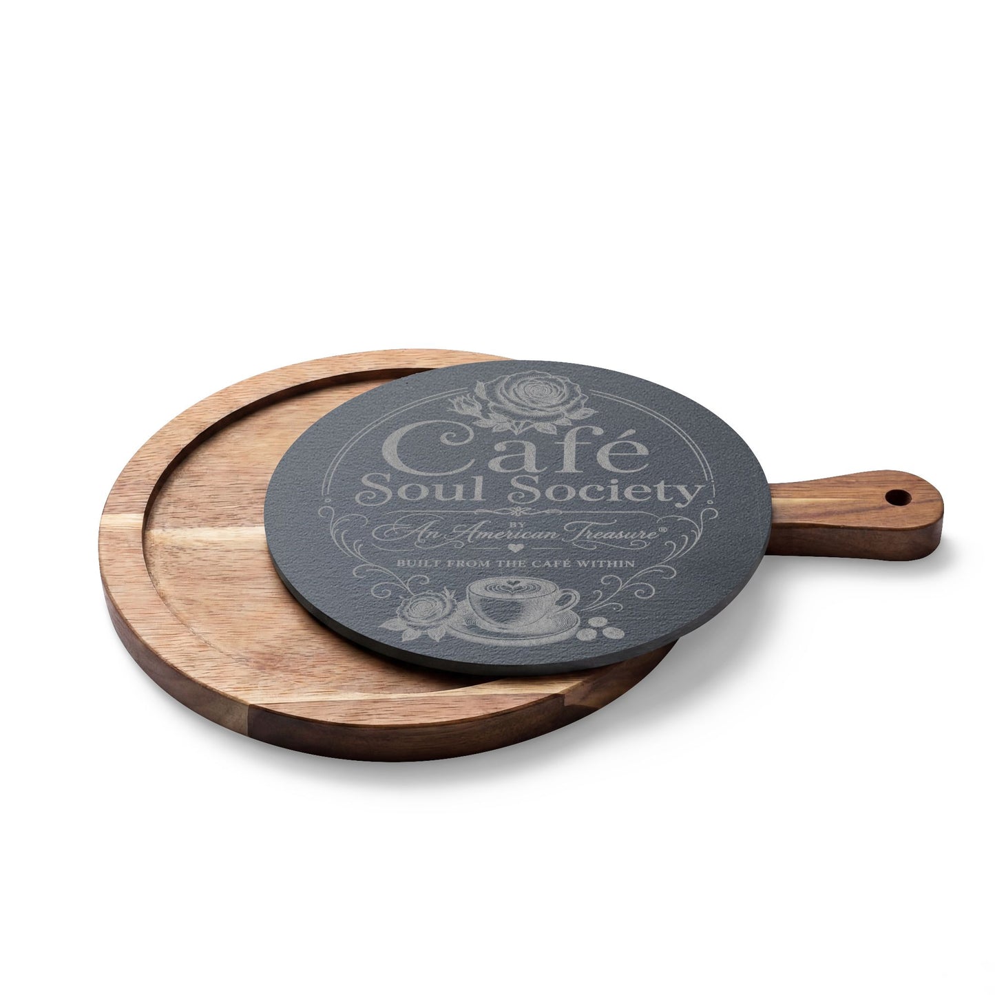 Cafe Soul Society Engraved Bamboo Charcuterie Board with Cheese Tools – 'Café Soul Society' Slate Inlay