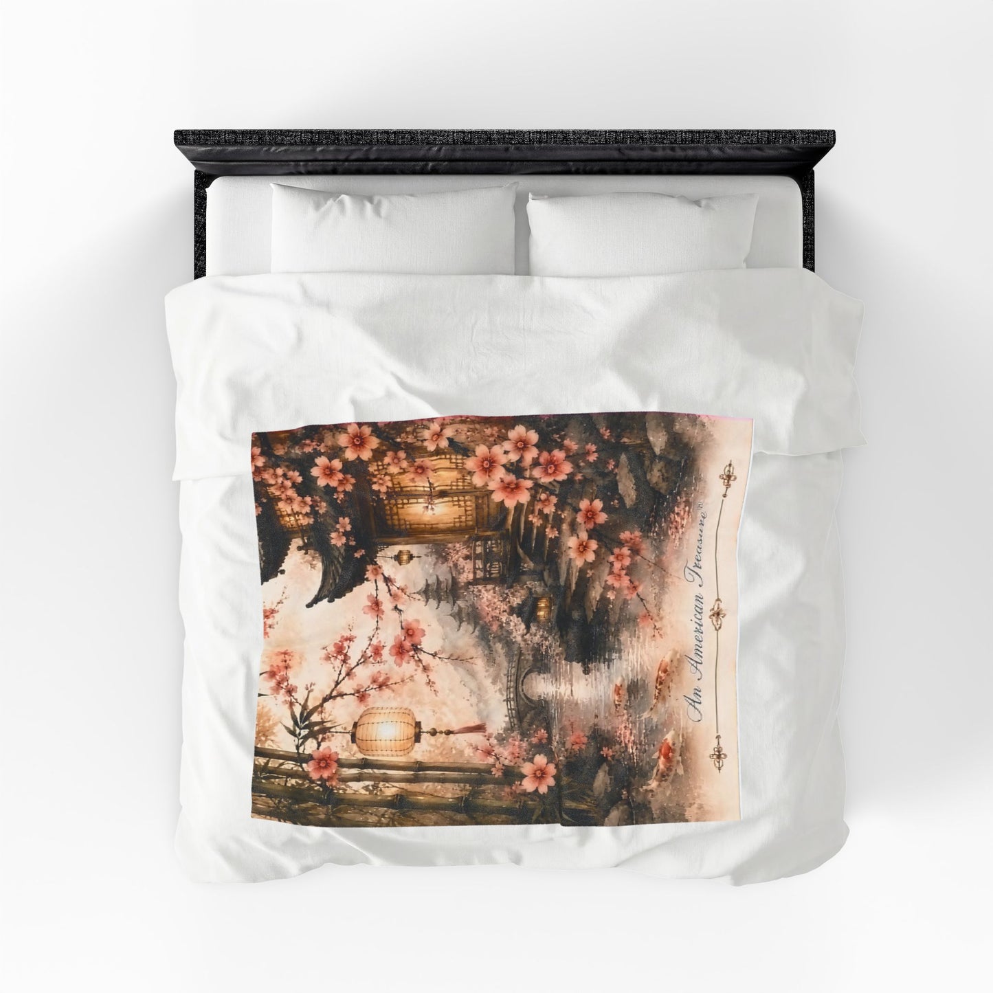 Bamboo & Blossom Velveteen Plush Blanket — Cherry Blossom Lantern Japanese Garden Throw