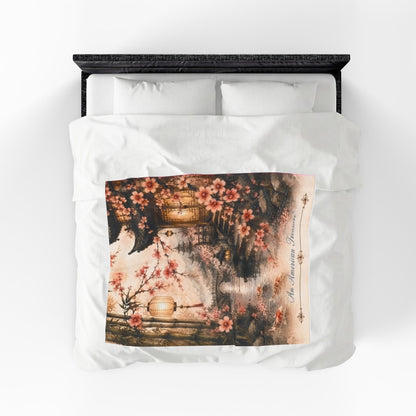 Bamboo & Blossom Velveteen Plush Blanket — Cherry Blossom Lantern Japanese Garden Throw