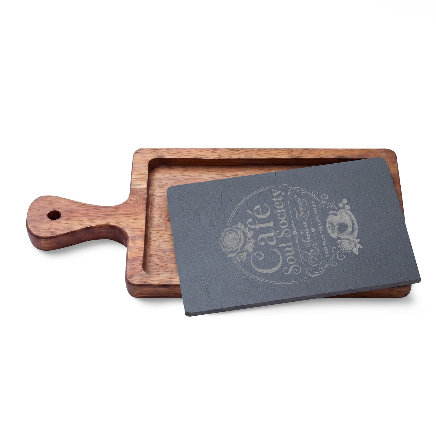 Cafe Soul Society Engraved Bamboo Charcuterie Board with Cheese Tools – 'Café Soul Society' Slate Inlay