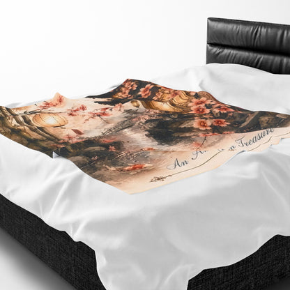 Bamboo & Blossom Velveteen Plush Blanket — Cherry Blossom Lantern Japanese Garden Throw