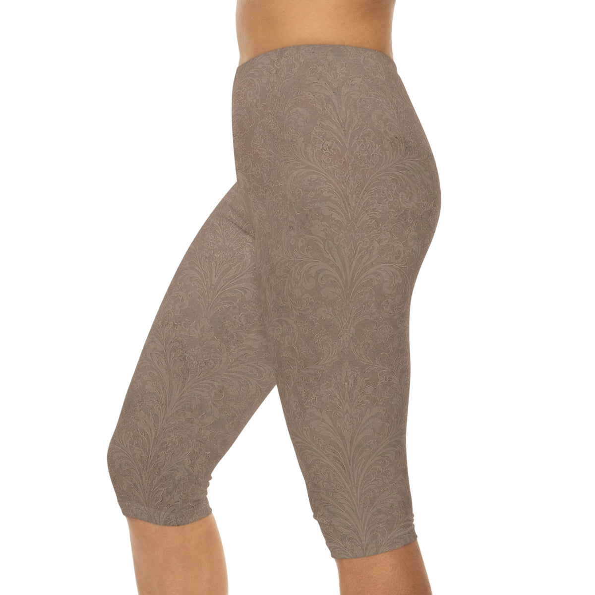Espresso Yourself Couture Collection : Taupe Paisley Capri Leggings — Women's Printed Comfort Crop Leggings - Collection One - Style One