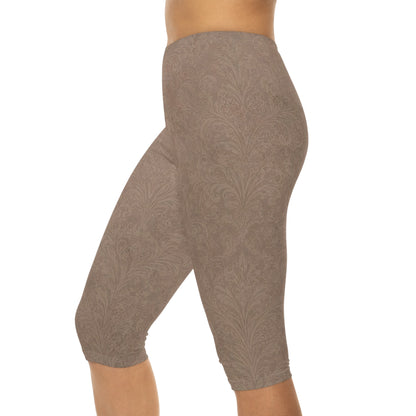 Espresso Yourself Couture Collection : Taupe Paisley Capri Leggings — Women's Printed Comfort Crop Leggings - Collection One - Style One