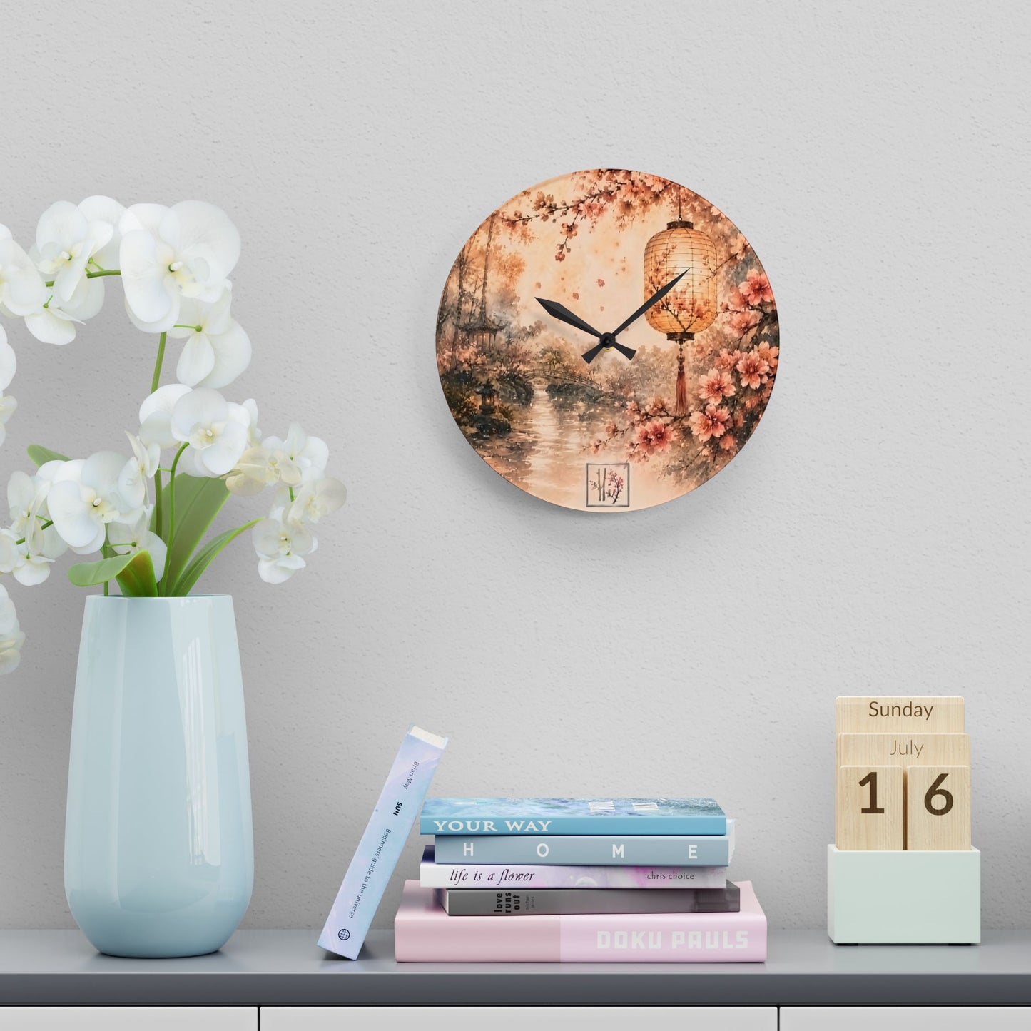 Bamboo & Blossom Collection Acrylic Wall Clock - Vintage Cherry Blossom Landscape with Lantern