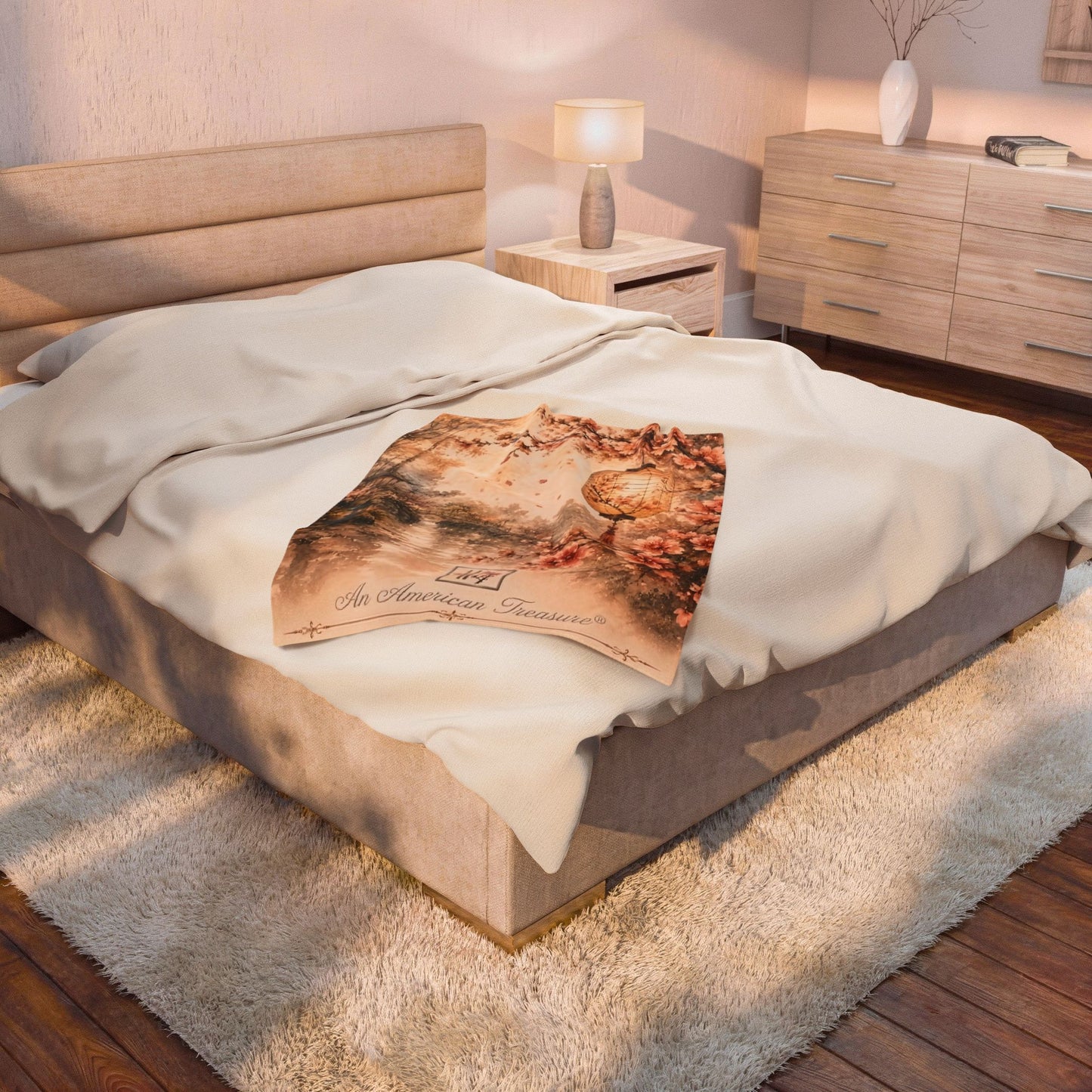 Bamboo & Blossom Velveteen Blanket - Cherry Blossom Lantern Scenic Throw (An American Treasure)