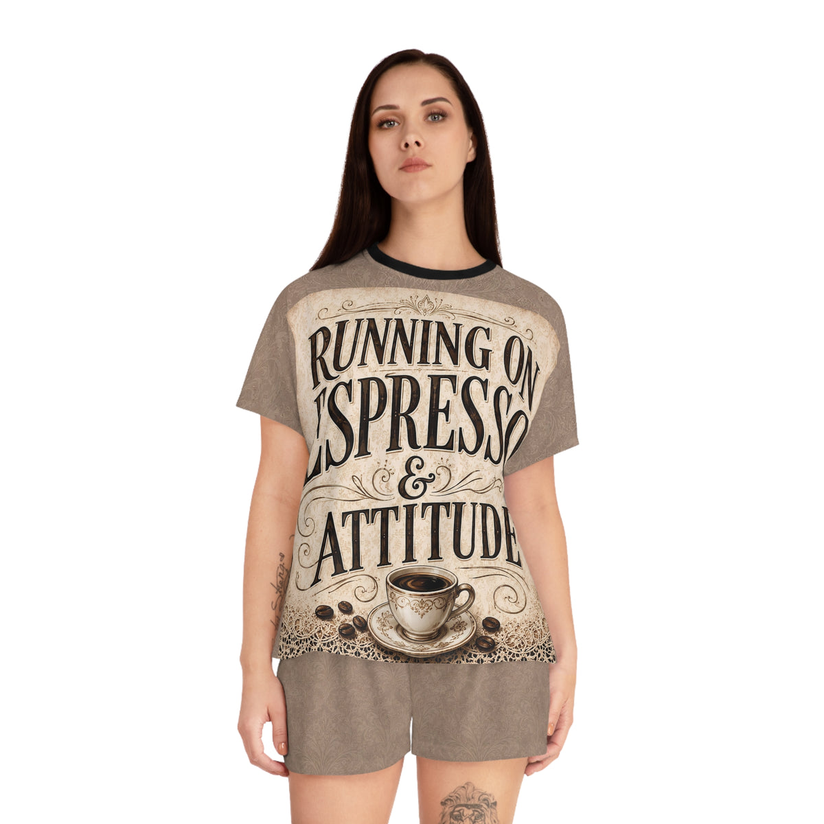 Espresso Yourself Couture Collection Women's Pajama Set — "Running on Espresso & Attitude" Coffee Lounge Shorts Set - Collection One - Style One