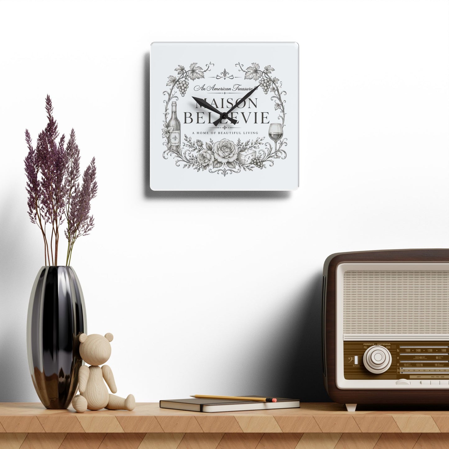Acrylic Wall Clock — Maison Bellevie Vintage Floral Wine Kitchen Clock