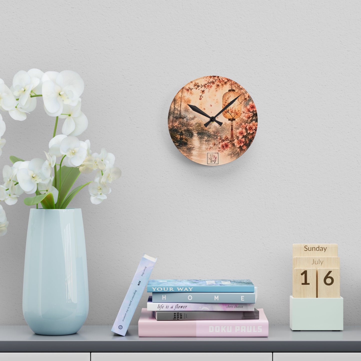 Bamboo & Blossom Collection Acrylic Wall Clock - Vintage Cherry Blossom Landscape with Lantern