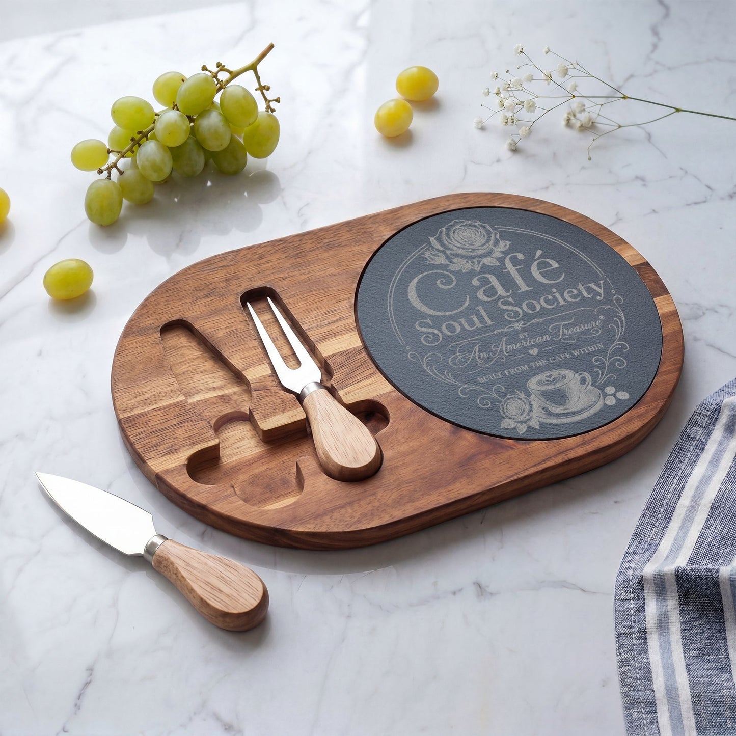 Cafe Soul Society Engraved Bamboo Charcuterie Board with Cheese Tools – 'Café Soul Society' Slate Inlay