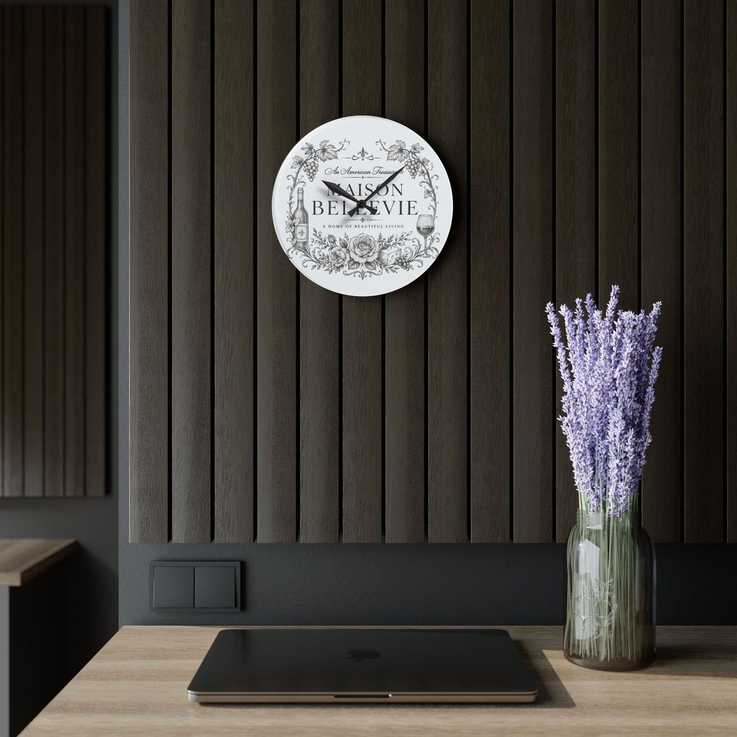 Acrylic Wall Clock — Maison Bellevie Vintage Floral Wine Kitchen Clock