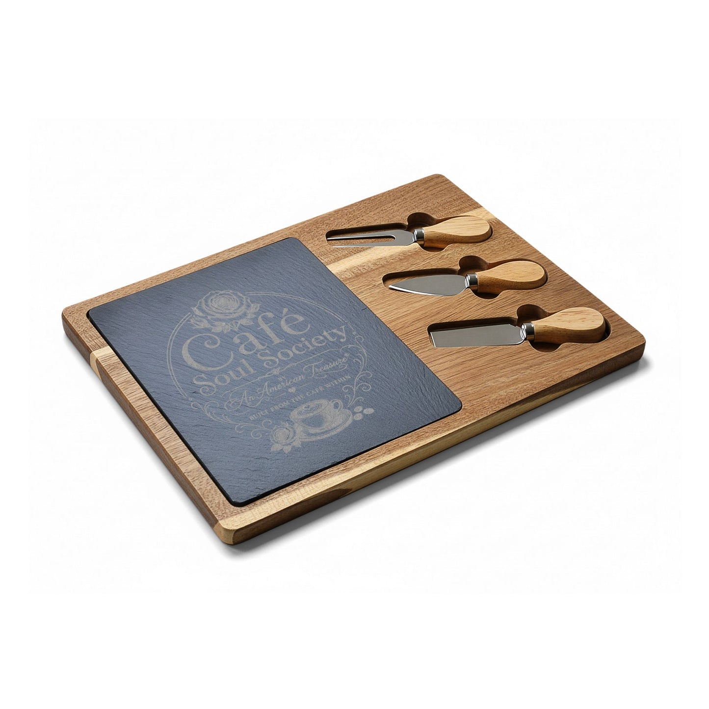Cafe Soul Society Engraved Bamboo Charcuterie Board with Cheese Tools – 'Café Soul Society' Slate Inlay