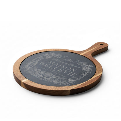 Maison Bellevie Engraved Acacia Charcuterie Board with Slate Inlay & Cheese Knives