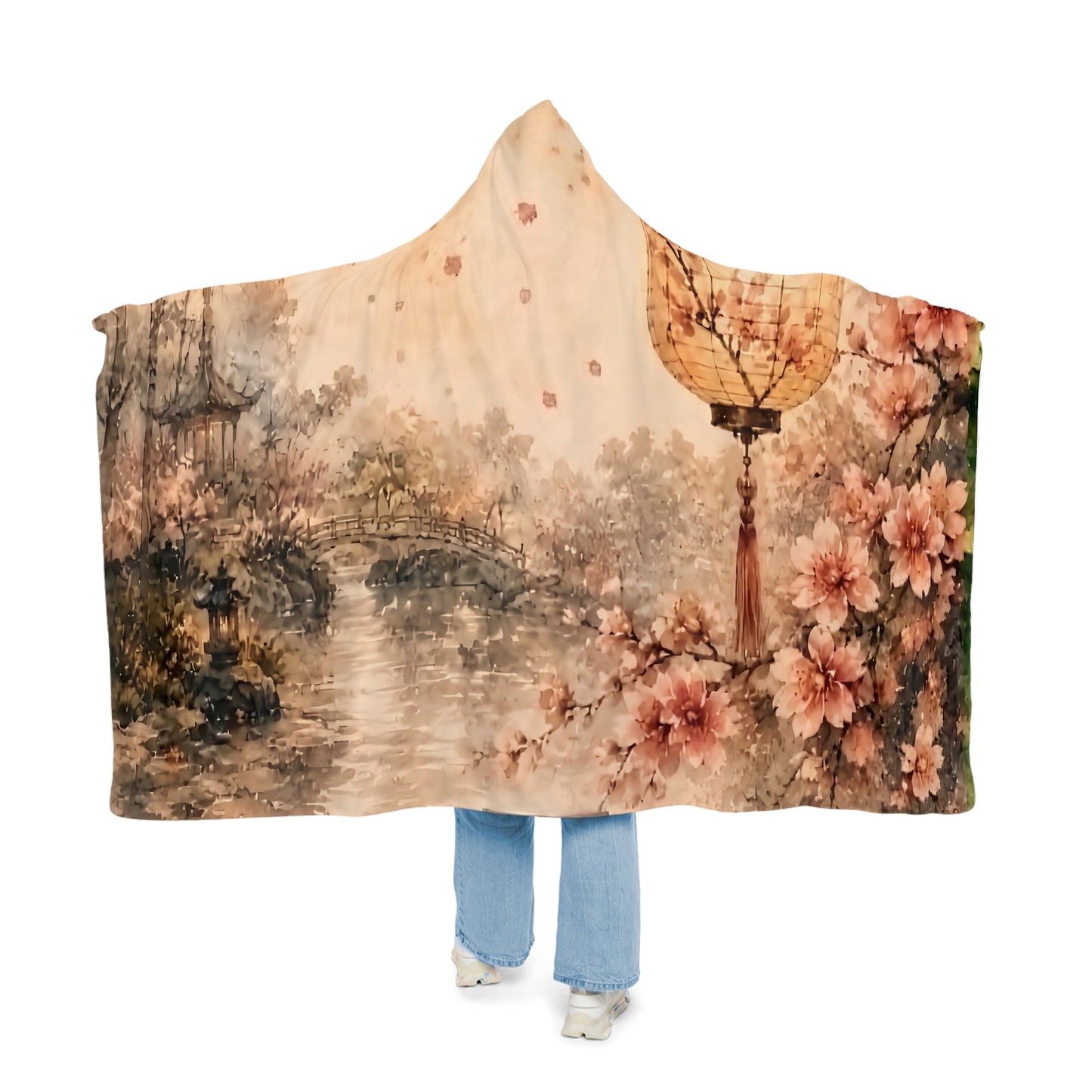 Bamboo & Blossom Cherry Blossom Lantern Hooded Blanket – Cozy Snuggle Throw for Spring, Floral Asian-Inspired Nighttime Scenery