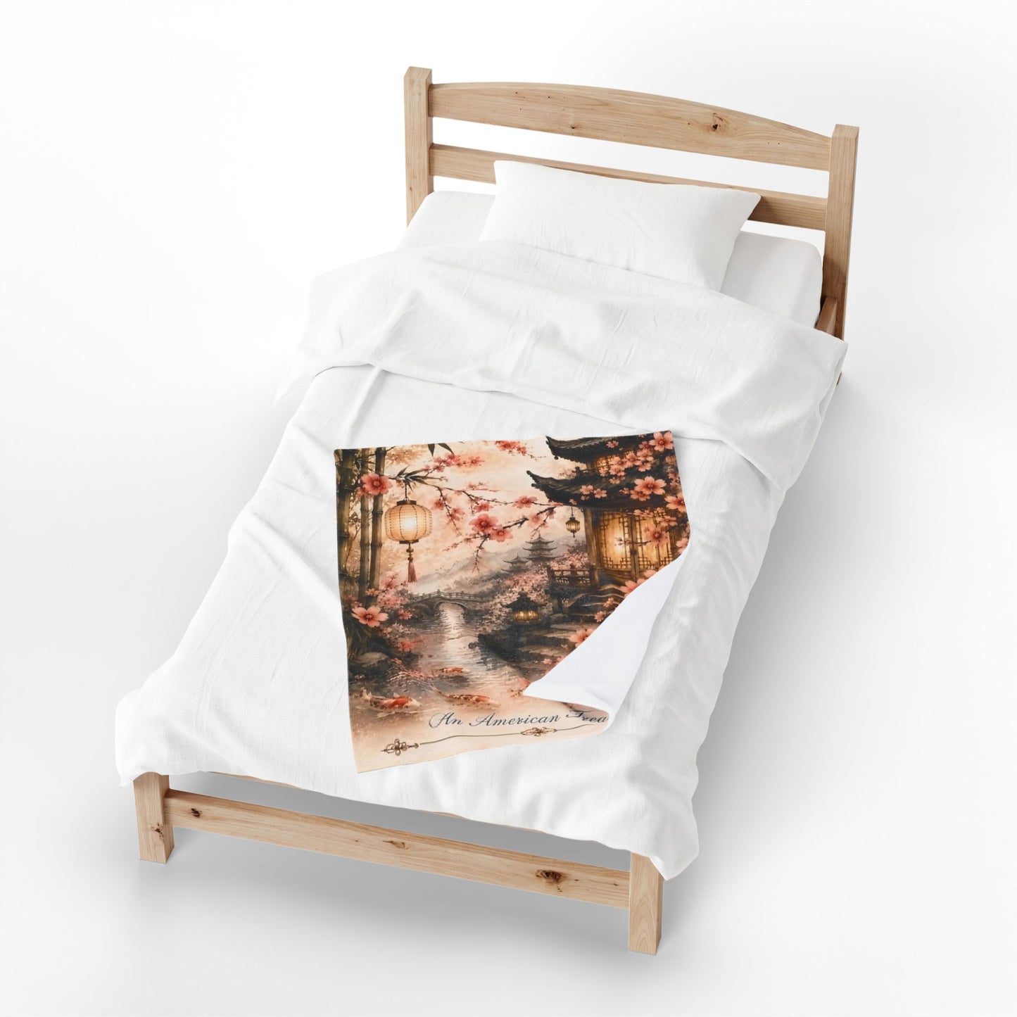 Bamboo & Blossom Velveteen Plush Blanket — Cherry Blossom Lantern Japanese Garden Throw