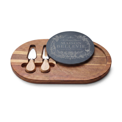 Maison Bellevie Engraved Acacia Charcuterie Board with Slate Inlay & Cheese Knives