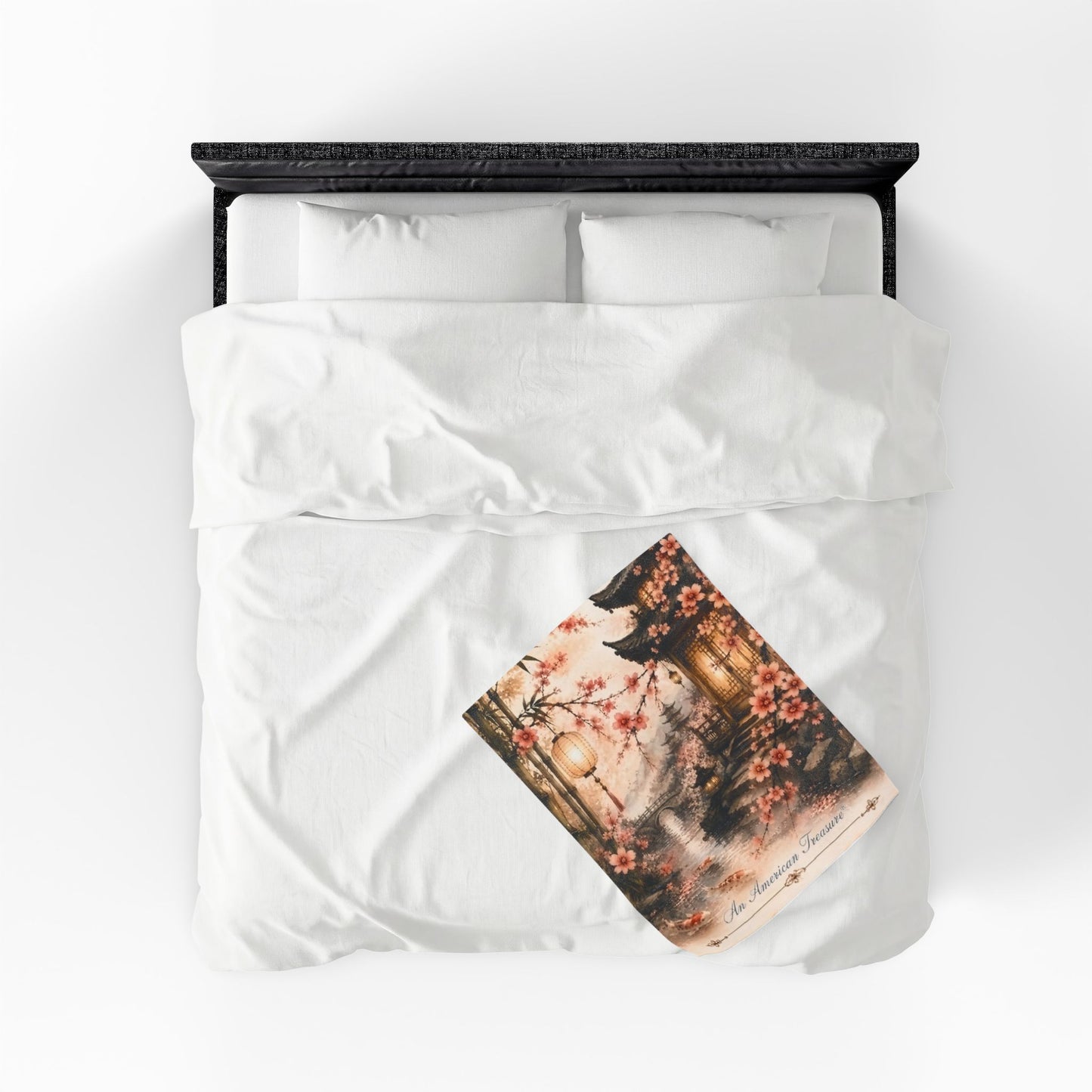 Bamboo & Blossom Velveteen Plush Blanket — Cherry Blossom Lantern Japanese Garden Throw