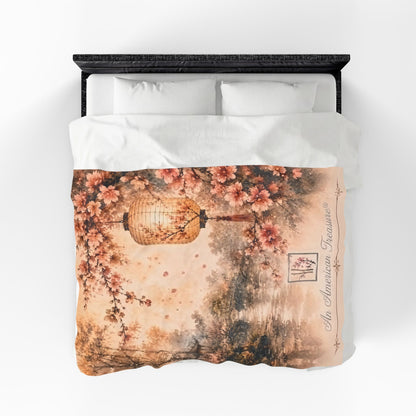 Bamboo & Blossom Velveteen Blanket - Cherry Blossom Lantern Scenic Throw (An American Treasure)