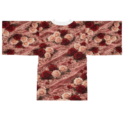 The Velvet Rose Kimono Robe — Vintage Red & Blush All-Over Print