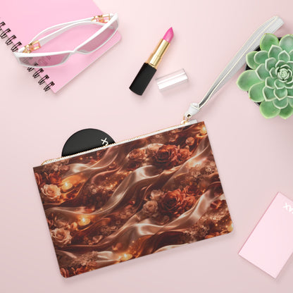Ginger Flame Clutch Bag — Elegant Rose & Ribbon Evening Wristlet