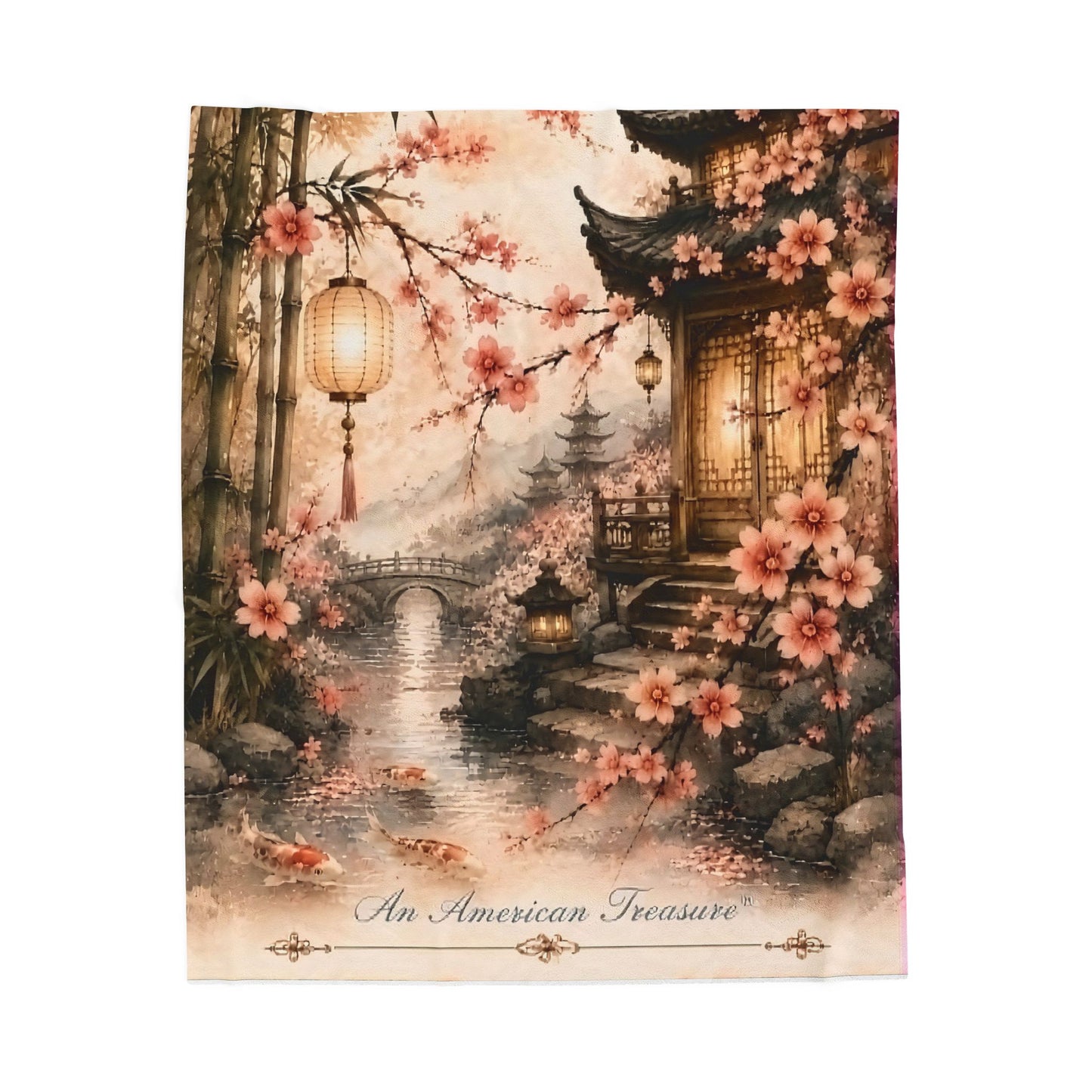 Bamboo & Blossom Velveteen Plush Blanket — Cherry Blossom Lantern Japanese Garden Throw