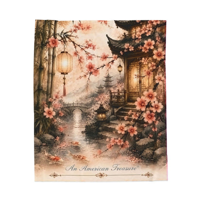 Bamboo & Blossom Velveteen Plush Blanket — Cherry Blossom Lantern Japanese Garden Throw