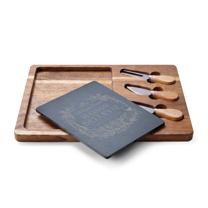 Maison Bellevie Engraved Acacia Charcuterie Board with Slate Inlay & Cheese Knives