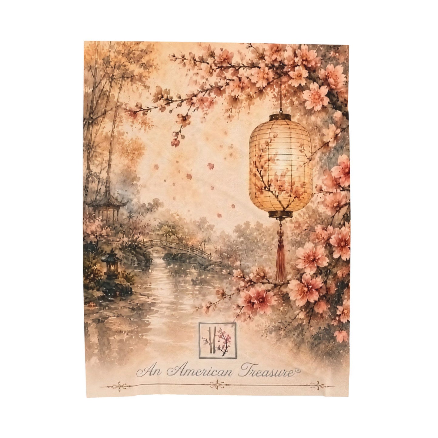 Bamboo & Blossom Velveteen Blanket - Cherry Blossom Lantern Scenic Throw (An American Treasure)